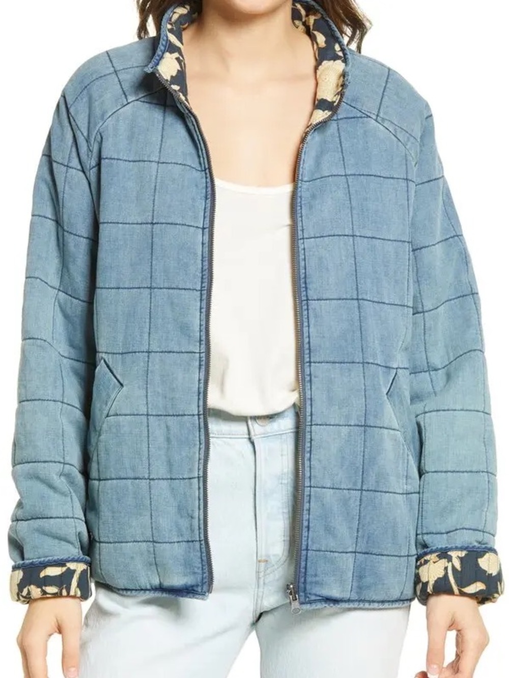 Faherty Brand Reversible Westside Linen Quilted Jacket Denim Blue / Floral Sz M